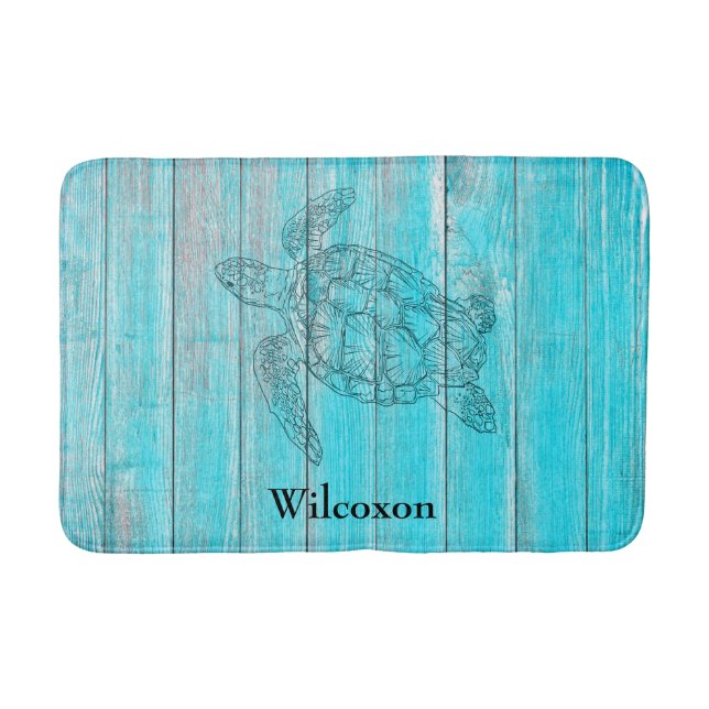 Silhouette Sea Turtle Rustic Teal Wood Badrumsmatta (Framsidan)