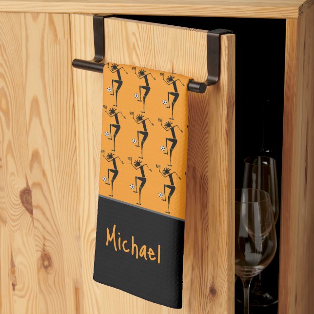 Silhouette Soccer, African Art Orange Kökshandduk (Thirds Fold)