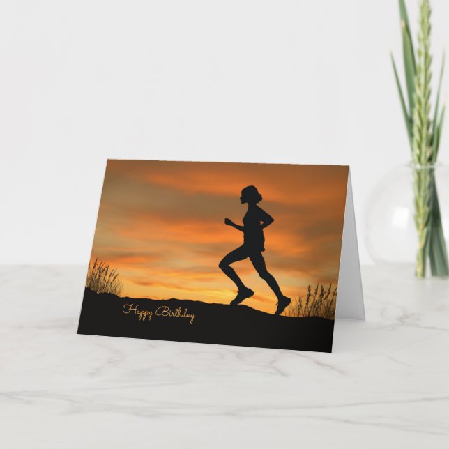 Silhouette-Springer med Sunset Birthday Card Kort (Framsida)