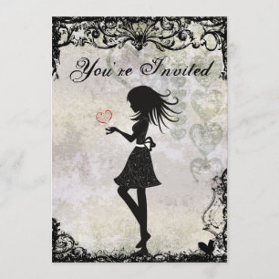 Silhouette Tonåring Girl and Hearts Birthday Inbju Inbjudningar