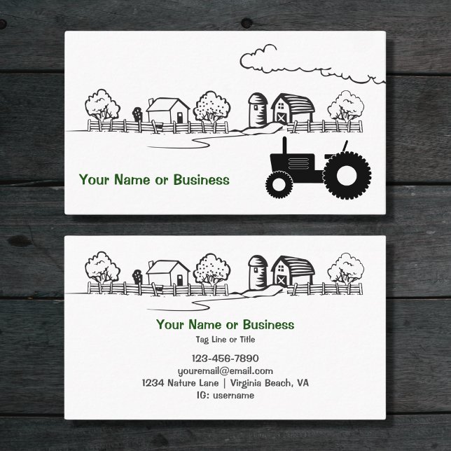 Silhouette Tractor and Cute Land Farm Visitkort (Silhouette Tractor and Charming Country Farm Business Card)
