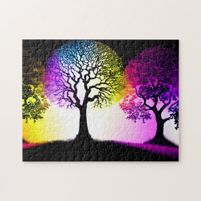 Silhouette Träd och Roligt Pastel Background Pussel (Horisontell)
