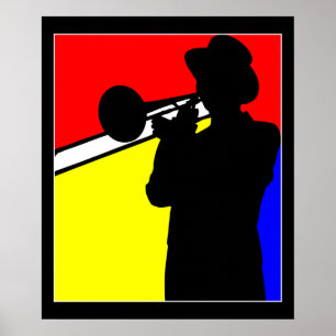 Silhouette trombone player, mondrian stil art 20" poster