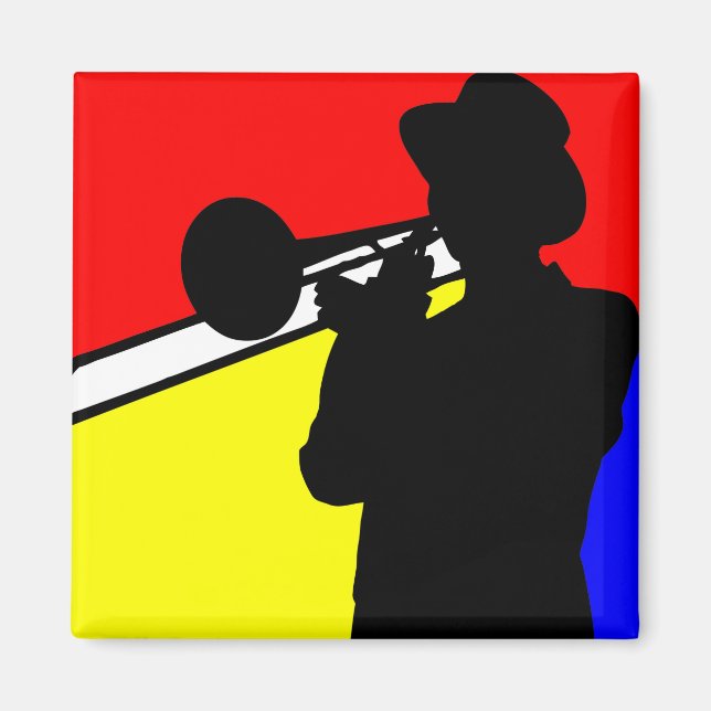 Silhouette trombone player, mondrian stil art magnet (Framsidan)