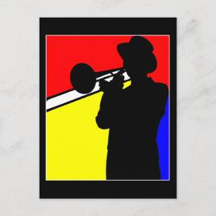 Silhouette trombone player, mondrian stil art vykort