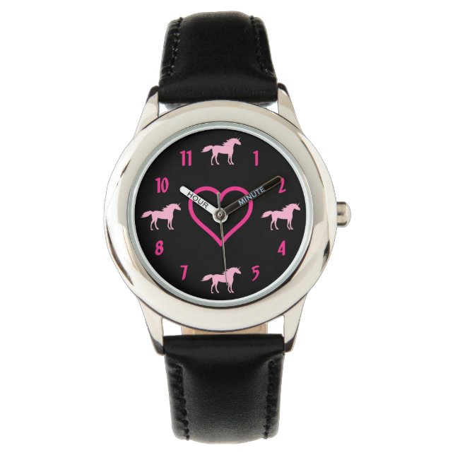 Silhouette Unicorns och Heart Rosa och svart Girls Armbandsur (Framsida)