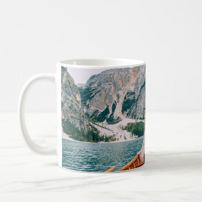 Silhouette Woman Alpine Sjö Nature Kaffemugg (Vänster)