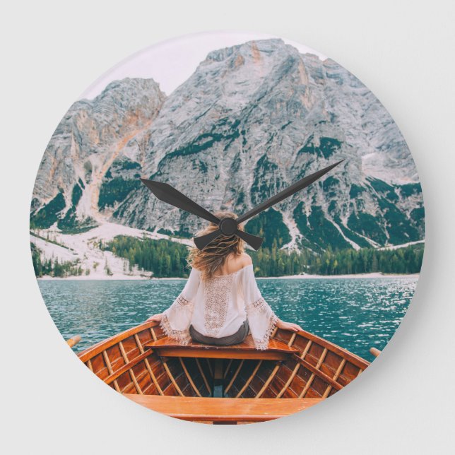 Silhouette Woman Alpine Sjö Nature Stor Klocka (Framsida)