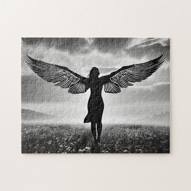 Silhouette Woman med Angel Vingar i Black & White Pussel (Horisontell)