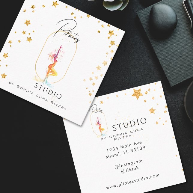 Silhouette Yoga Spa Studio Beauty Gold Stars Fyrkantigt Visitkort (Gold Beauty Silhouette Yoga Spa Studio Square Business Card)