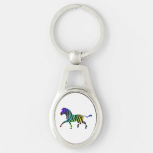Silhouette Zebra Black och Rainbow Ovalt Silverfärgad Nyckelring