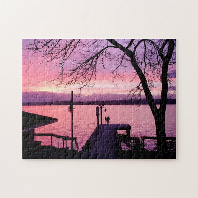 Silhouetterat par på Dock med Rosa Sunset Himlar Pussel (Horisontell)