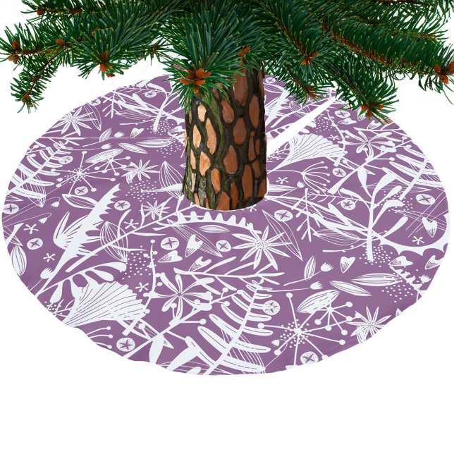 Silhouettes botaniska Blommigtens Lila och vit Julgransmatta Borstad Polyester (Purple and white botanical leaves festive Christmas tree skirt)