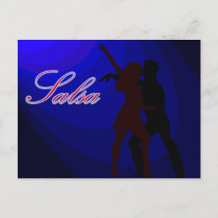 Silhouettes of Salsa dancers with blue bakgrund Vykort