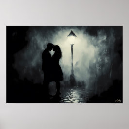 Silhuett av romantisk par i dimmig gatlykta poster