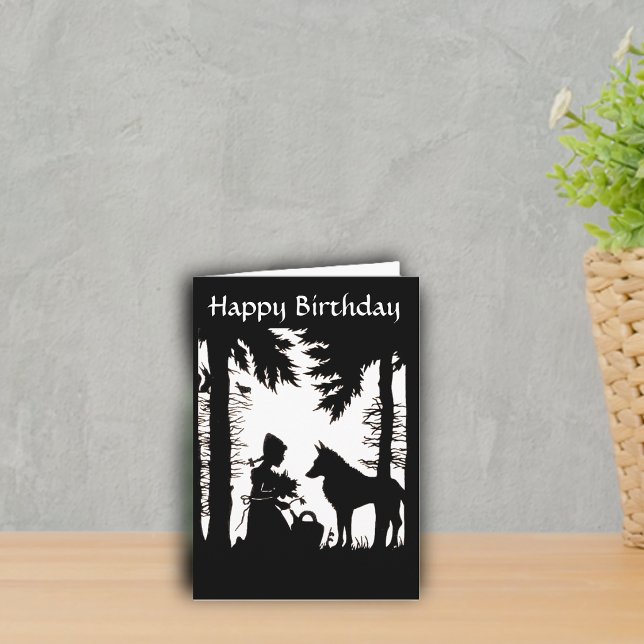 Silhuett Rödluvan Varg Skog Födelsedag Kort (Black white Red riding hood under trees with flowers with wolf on Birthday greeting card.)