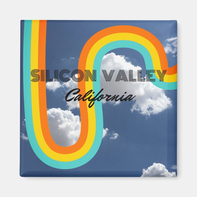 Silicon Valley Kalifornien Retro Regnbåge och moln Magnet (Framsidan)