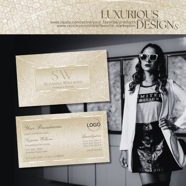 Silke Cream Snake Mönster med Monogram och Logotyp Visitkort (Skapare uppladdad)