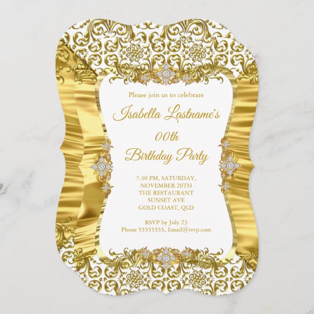 Silke Damask Guld White Diamond Födelsedagsfest Inbjudningar (Fram/baksida)