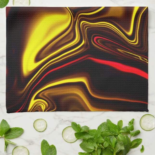 Silkesaktiga drag i rött och guld med mörka delar kökshandduk (Vikta)