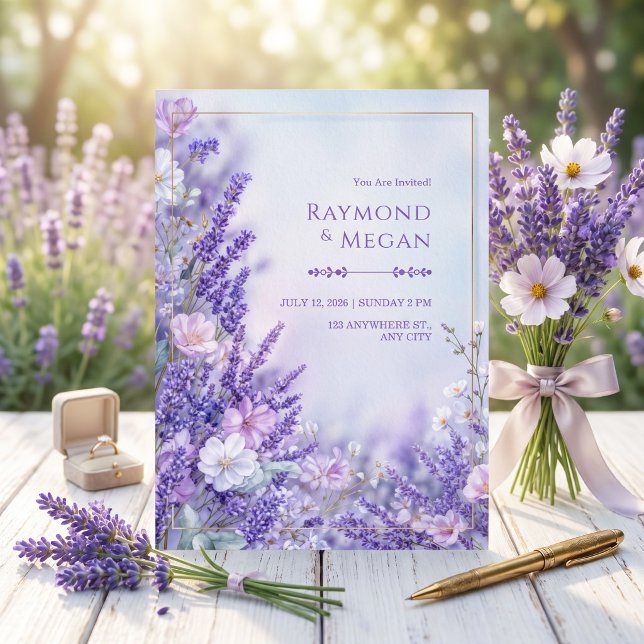 Silkesblomma Romantisk Lavendel Guld Ram Bröllop Inbjudningar (Skapare uppladdad)