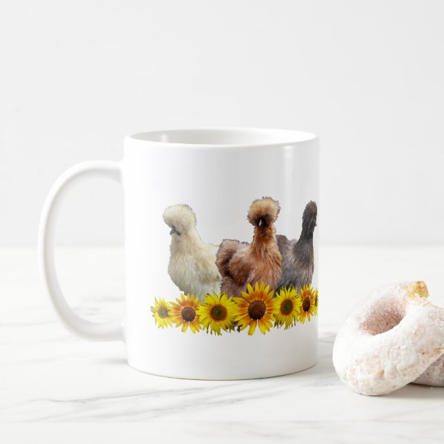 Silkie Bantam Chicken Trio och solblommor Kaffemugg (Med munk)