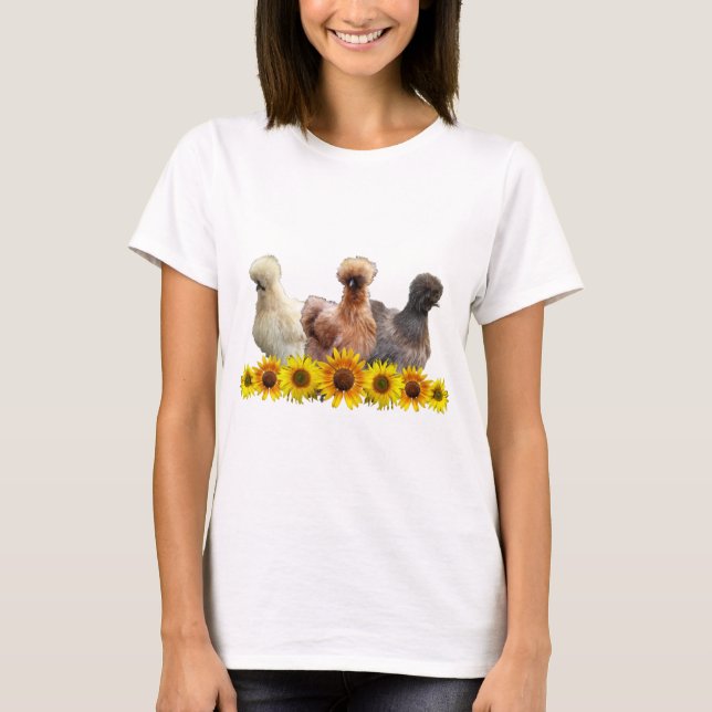 Silkie Bantam Chicken Trio och solblommor T Shirt (Framsida)