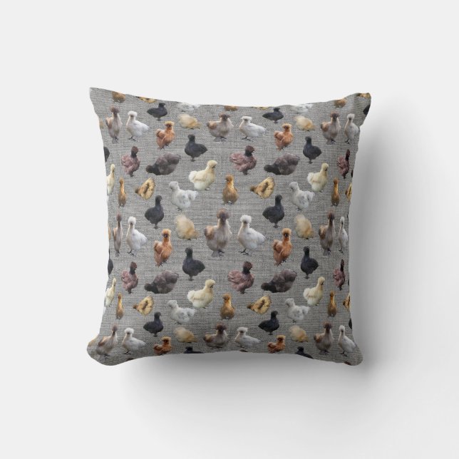 Silkie Bantam Chickens på Grått Burlap Cushion Kudde (Framsida)