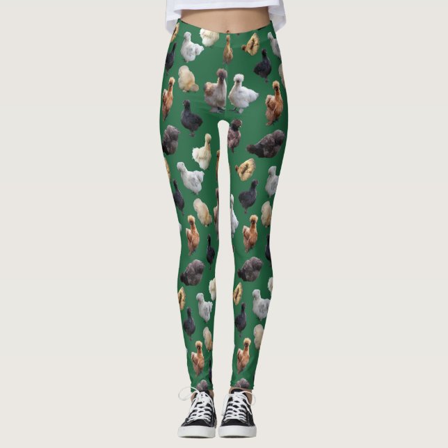 Silkie Bantams Chickens on Emerald Grönt Leggings (Framsida)