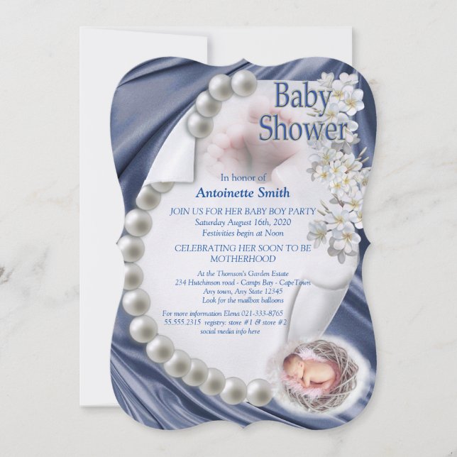 Silky Blue Pearl Baby Shower Inbjudningar (Framsida)