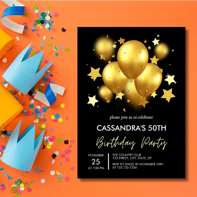 Silky Golden Balloons Stars Black Birthday Inbjudningar (Skapare uppladdad)