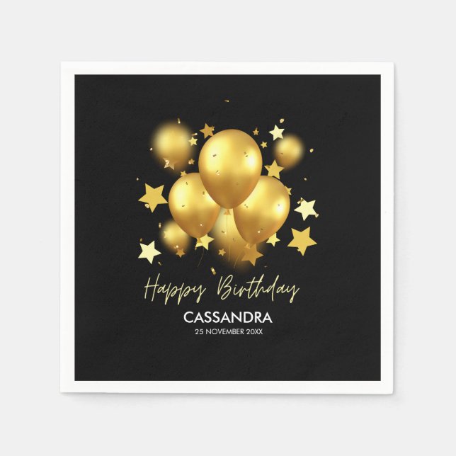 Silky Golden Balloons Stars Black Birthday Pappersservett (Framsidan)