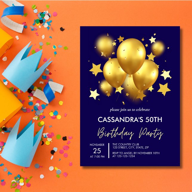 Silky Golden Balloons Stars Navy Birthday Inbjudningar (Skapare uppladdad)