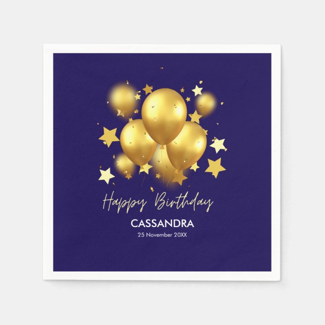 Silky Golden Balloons Stars Navy Birthday Pappersservett (Framsidan)
