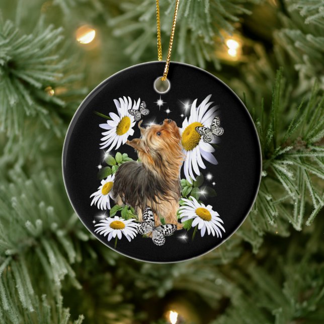 Silky Terrier Daisy Butterfly Memorial tass avtryc Julgransprydnad Keramik (Träd)