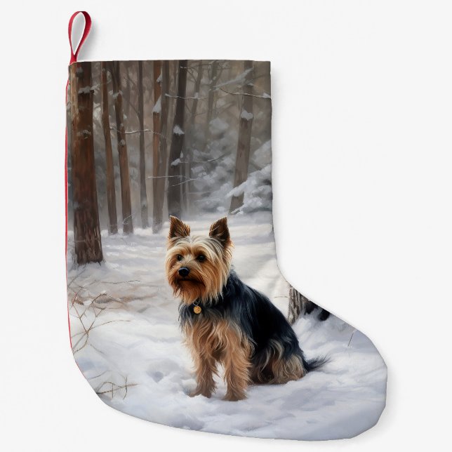 Silky Terrier Låt det snö jul  Liten Julstrumpa (Framsidan)