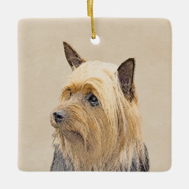 Silky Terrier-målning - Cute Original Hund Art Julgransprydnad Keramik (Framsida)