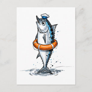 Sill med livbåt i marin bläckillustration vykort