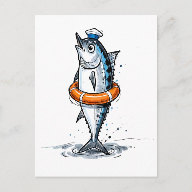 Sill med livbåt i marin bläckillustration vykort (Framsida)