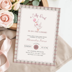 Silly Duck Rosa Rosett Elegant Gingham Bebis Showe Inbjudningar