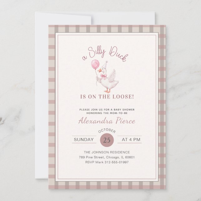 Silly Duck Rosa Rosett Elegant Gingham Bebis Showe Inbjudningar (Framsida)