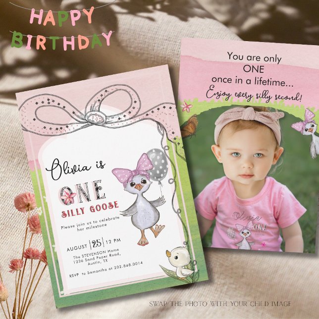 Silly Goose 1-års födelsedag Rosa rosett Foto Inbjudningar (Silly Goose 1st Birthday Pink Bow Photo Invitation)