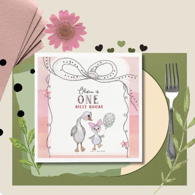 Silly Goose 1-års födelsedags servetter | Vattenfä (Silly Goose 1st Birthday Napkins  Watercolor Pink)