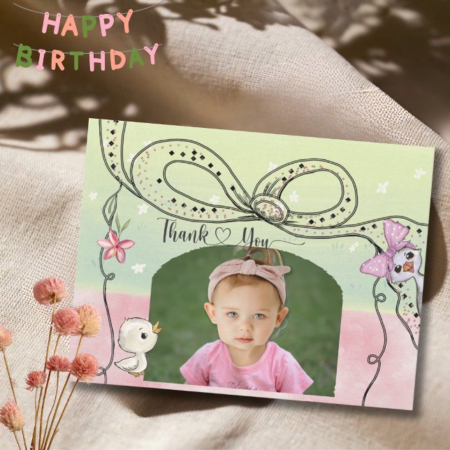 Silly Goose 1-års födelsedagsflicka Rosa Båge Foto Tack Kort (Silly Goose 1st Birthday Girl Pink Bow Photo Thank You Card 4,25" x 5,25")