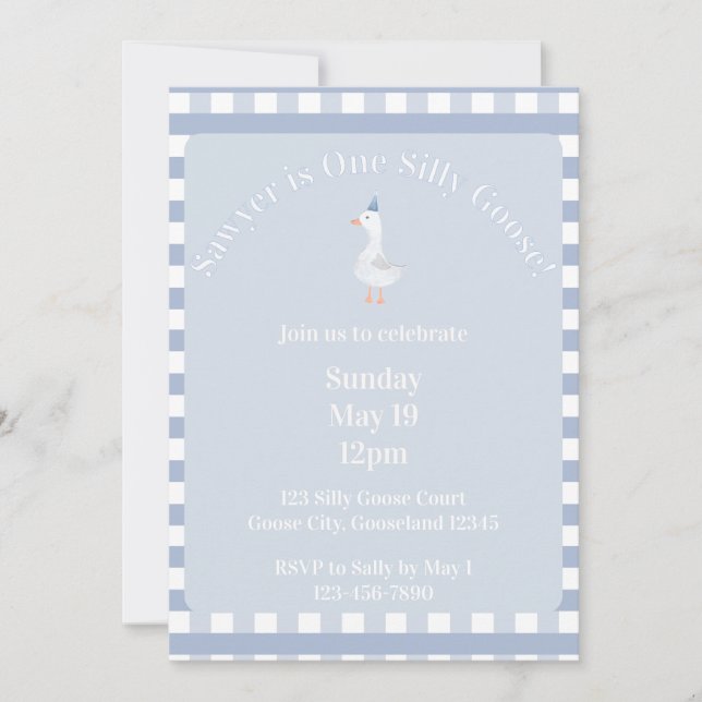 Silly Goose 1-års födelsedagsinbjudan (damblå) Inbjudningar (Framsida)