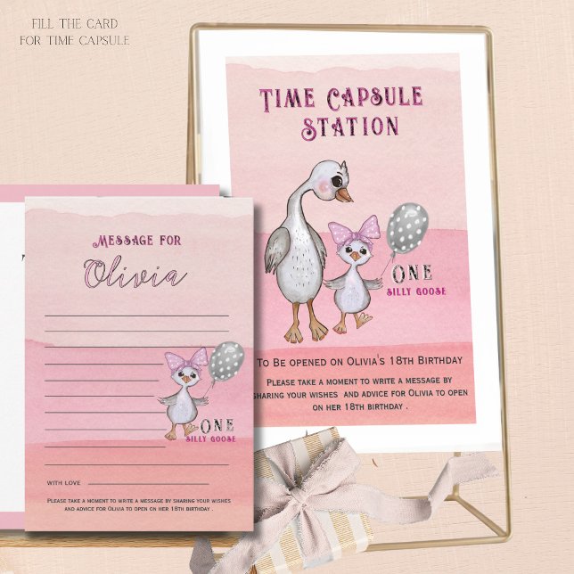 Silly Goose 1-årsdag Rosa Tidskapselkort Inbjudningar (Silly Goose 1st Birthday Pink Time Capsule Card)