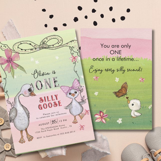 Silly Goose 1st Birthday Pink Bow Green Coquette  Inbjudningar (Silly Goose 1st Birthday Pink Bow Green Coquette Invitation)