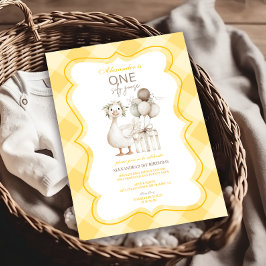 Silly Goose 1st Birthday Yellow Gingham Inbjudningar