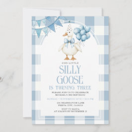 Silly Goose 3rd Birthday Blue Bow Gingham Balloon  Inbjudningar