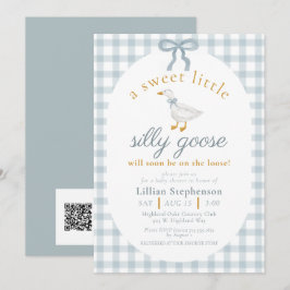 Silly Goose Blå Band Gingham Bebis Shower QR-kod Inbjudningar